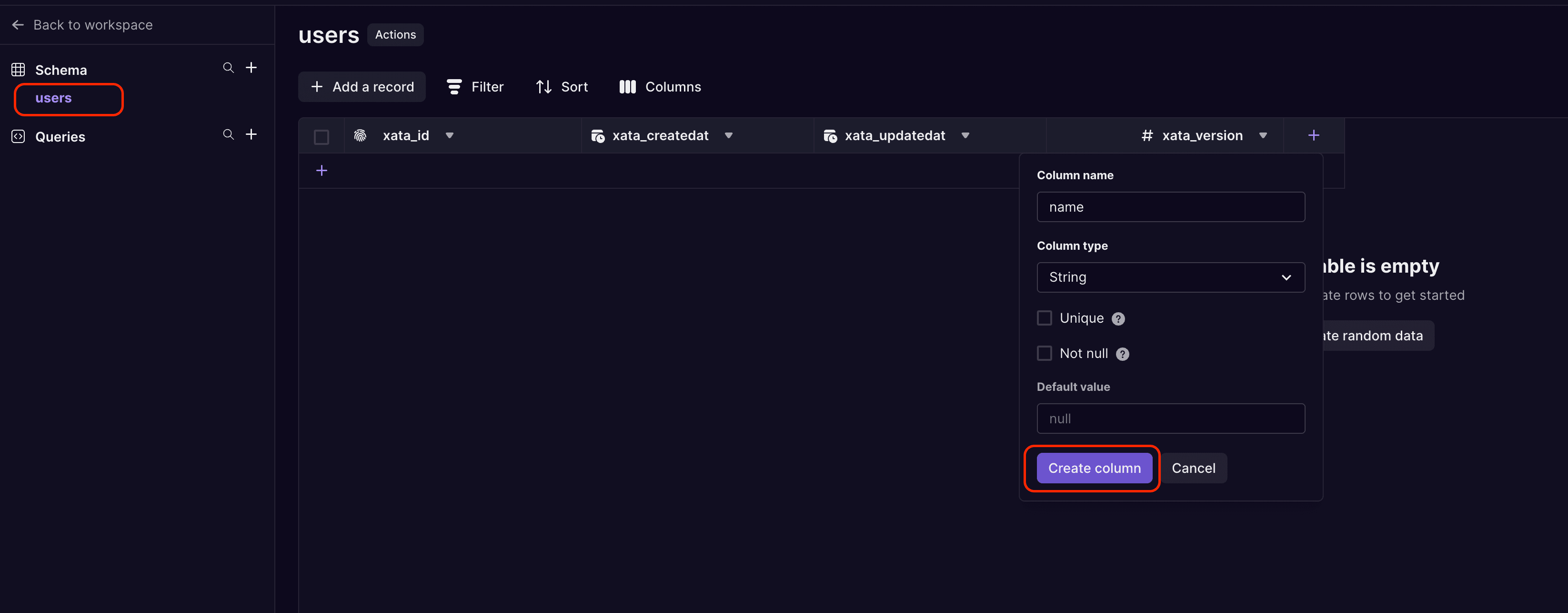 Create a new users table in Xata and add a name column