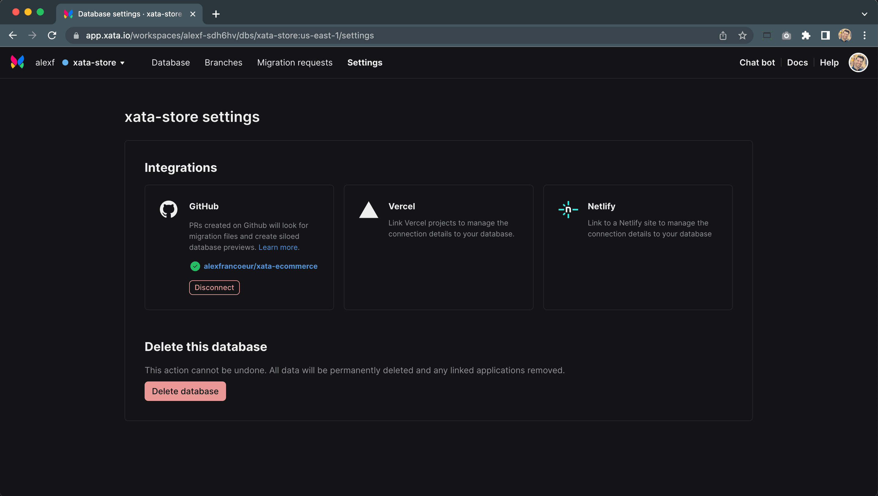 A screenshot of the in-app Xata integrations view